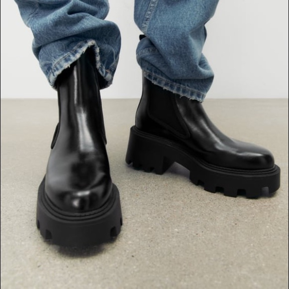 Zara Leather Lug Boot Black 40